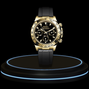 8 d83f20da 22c2 46b4 b0b8 b267d463d82f SEIKO Mod Daytona Collection Midnight Black Gold Dial VK64 Caliber Hybrid Movement Dark Strap