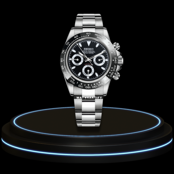 SEIKO Mod Daytona Collection Midnight Black Dial VK64 Caliber Hybrid Movement Silver Stainless Steel Strap