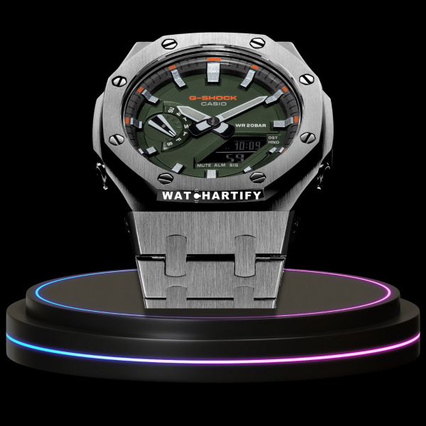 g shock classic collection mod silver with green face silver time marker steel belt 2 g shock classic collection mod silver with green face silver time marker steel belt 2