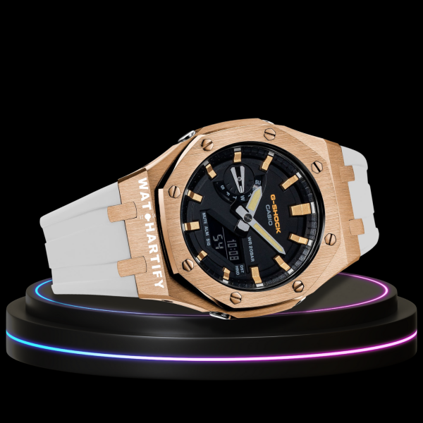 g shock royal rose gold collection mod rose gold with black face white rubber strap g shock royal rose gold collection mod rose gold with black face white rubber strap