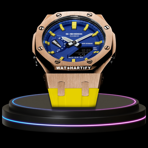 g shock royal rose gold collection mod rose gold with light blue face yellow strap yellow time marker 2