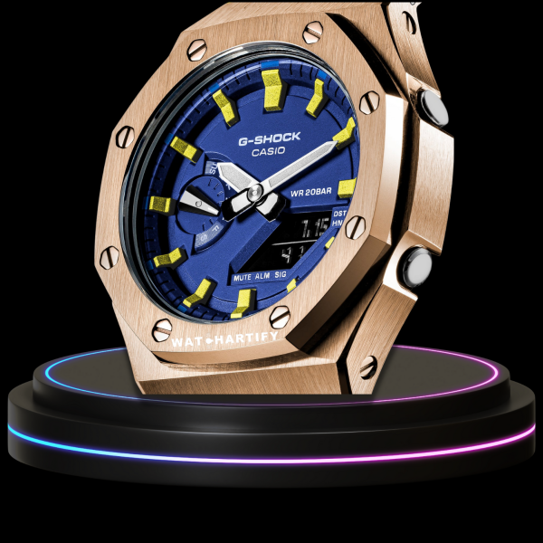 g shock royal rose gold collection mod rose gold with light blue face yellow strap yellow time marker 3