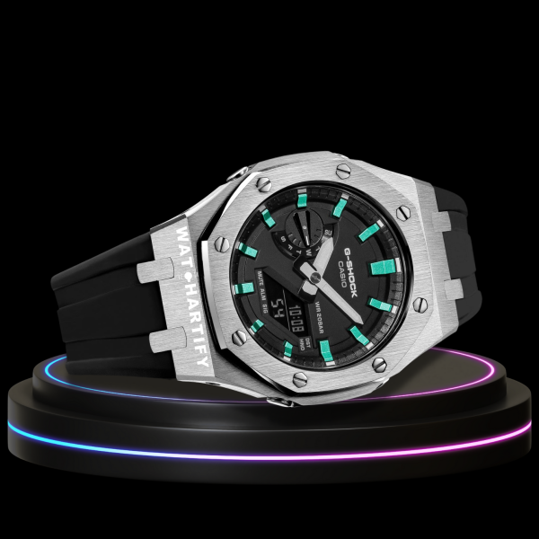 g shock tiffany collection silver case black with black face black rubber band