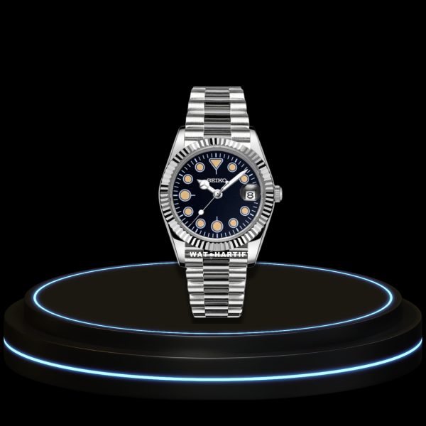 seiko mod datejust arabic 1 SEIKO Mod Datejust Collection Midnight Black Soft Latte Points Dial NH35 Automatic Movement Silver Dark Stainless Steel Strap