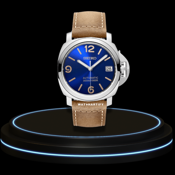seiko mod paneral SEIKO Mod Panerai Collection Deep Blue Dial Sunset Orange Markers NH35 Movement Khaki Leather