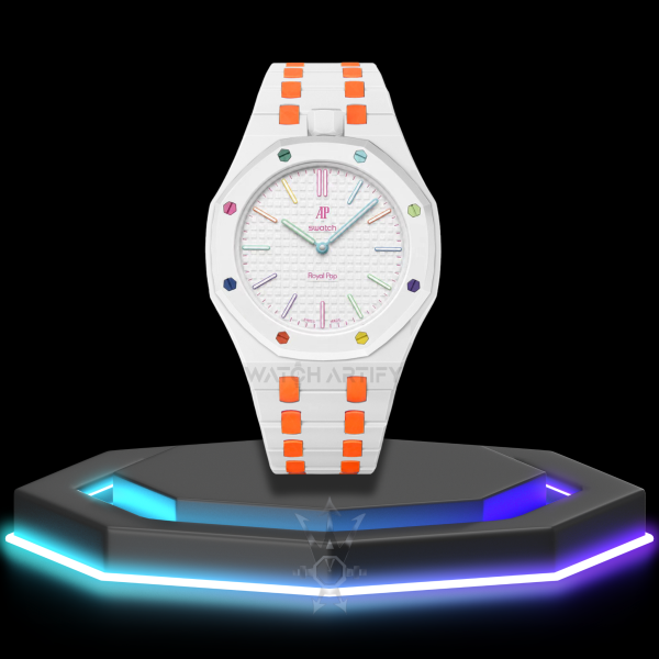 19 AP x Swatch | Royal Pop Series White Dial | White Orange Rainbow Stainless Steel Strap