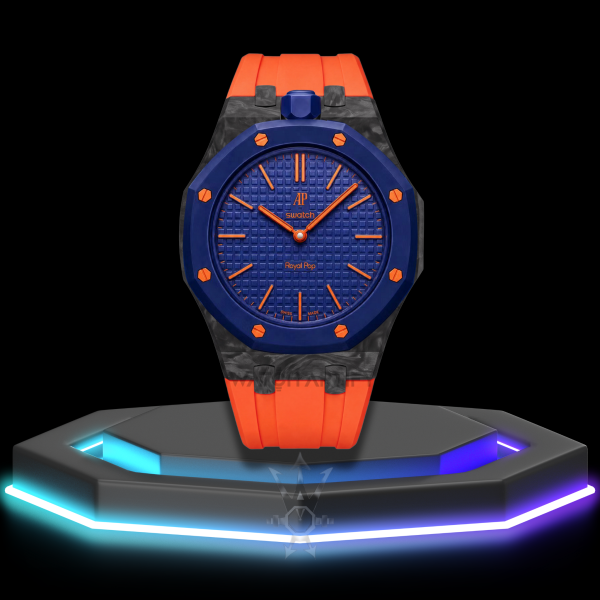87 AP x Swatch | Royal Pop Series Dark Blue Dial with Carbon Fiber | Dark Orange Silicone Bracelet